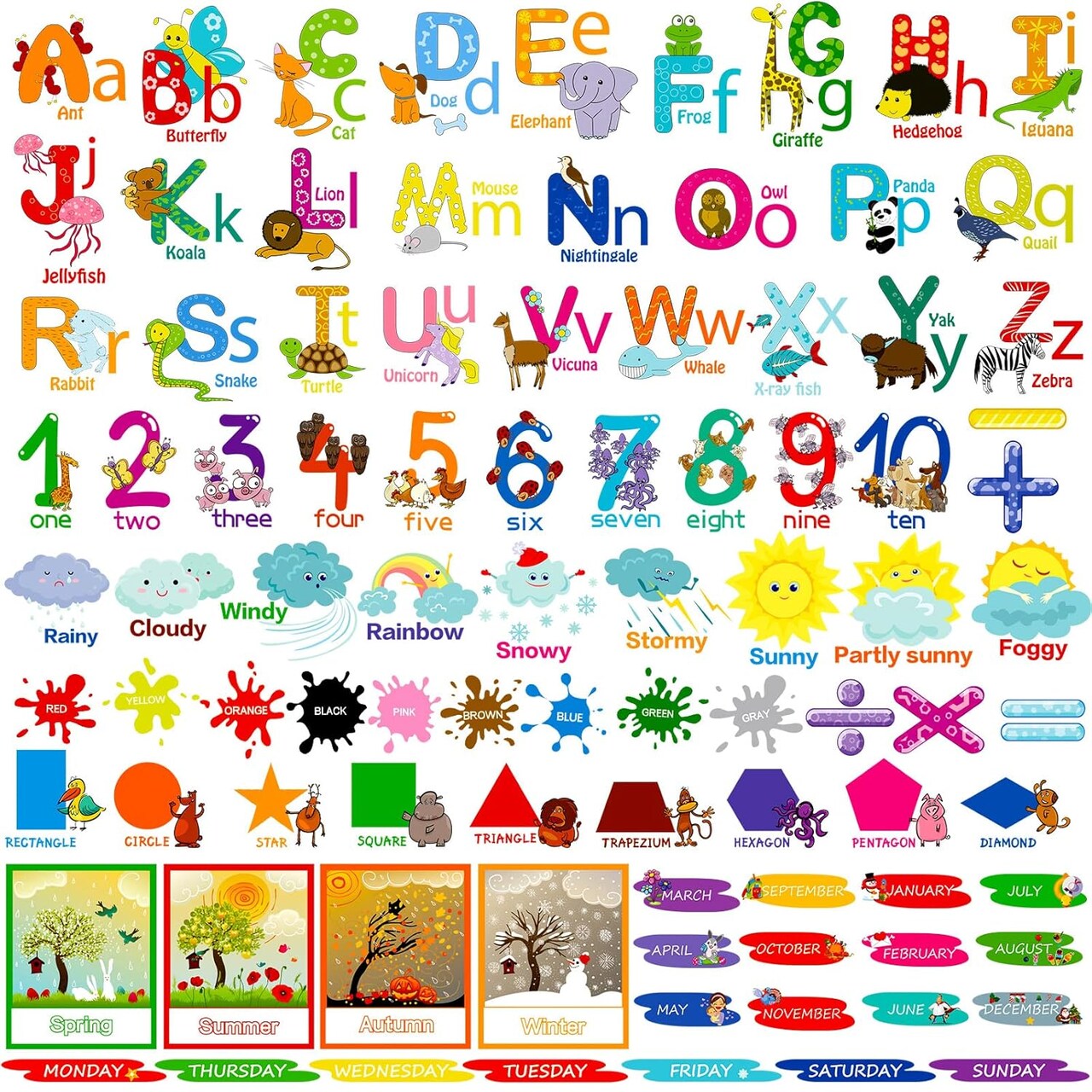 9 Sheets Educational Wall Decals for Toddlers, Colorful Animal Alphabet, Numbers, Colors & Shapes Peel-and-Stick Stickers, Removable PVC Learning Charts for Nursery, Classroom & Playroom